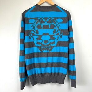 Sean John Men Cardigan L Striped Tiger Graphic Back V-Neck Preppy Y2k Urban Bold